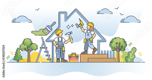 Construction worker and professional builder skills outline concept. Build family home project with carpenter, craftsman, handyman and contractor services vector illustration. Renovation process.