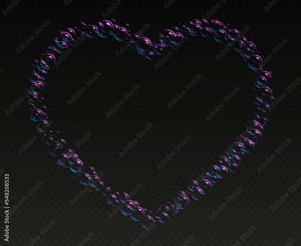 Realistic soap foam in heart shape, iridescent shampoo bubbles, pink bath lather frame isolated on a dark background. Romantic Valentine's day concept. Vector illustration.