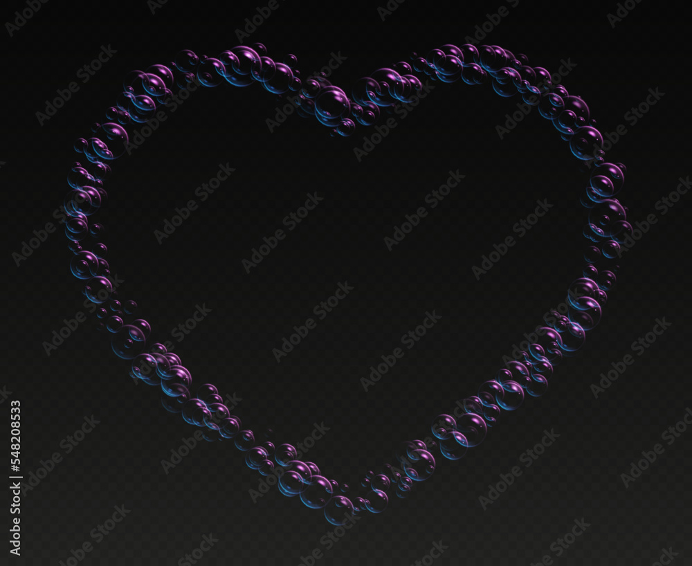 Realistic soap foam in heart shape, iridescent shampoo bubbles, pink bath lather frame isolated on a dark background. Romantic Valentine's day concept. Vector illustration. Realistic soap foam in heart shape, iridescent shampoo bubbles, pink bath lather frame isolated on a dark background. Romantic Valentine's day concept. Vector illustration.
