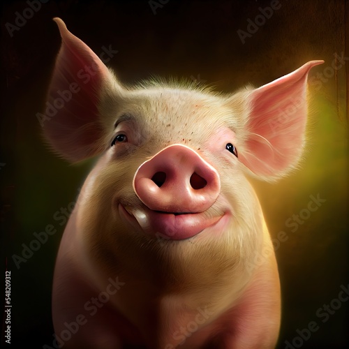 Funny smiling pig portrait. Photorealistic illustrated portrait generated by Ai