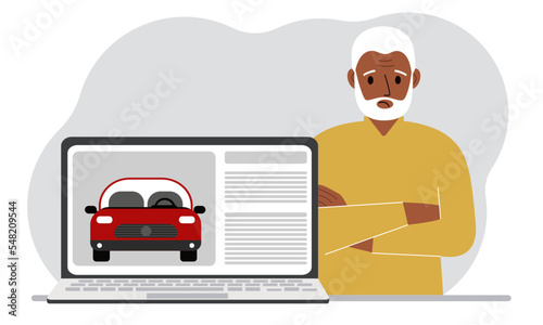 The concept of renting or buying a car. A grandfather, with a laptop on which site about the car.