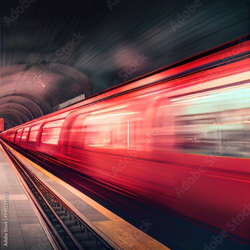 Subway train at the platform blurred in motion. Photorealistic illustration generated by Ai