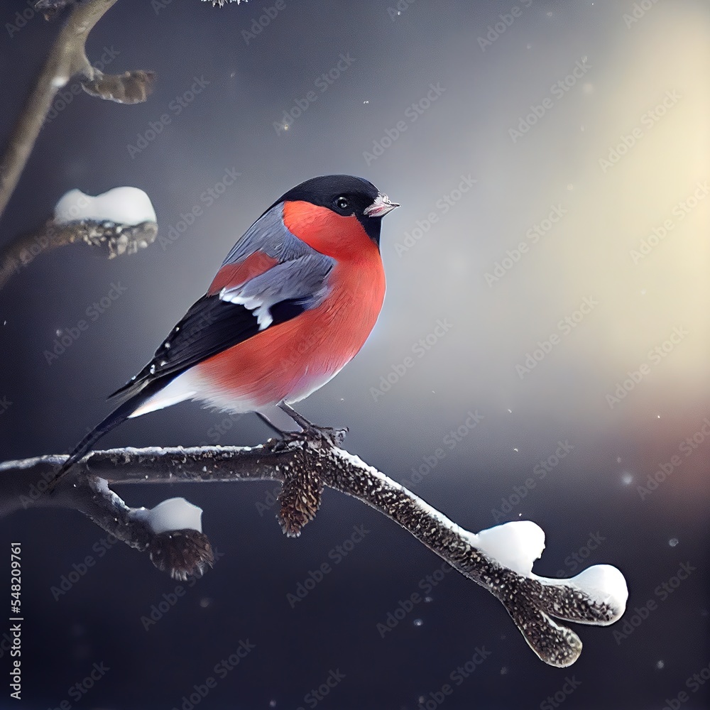 Fototapeta premium Bullfinch bird sitting on the snow capped branch. Ai generated image
