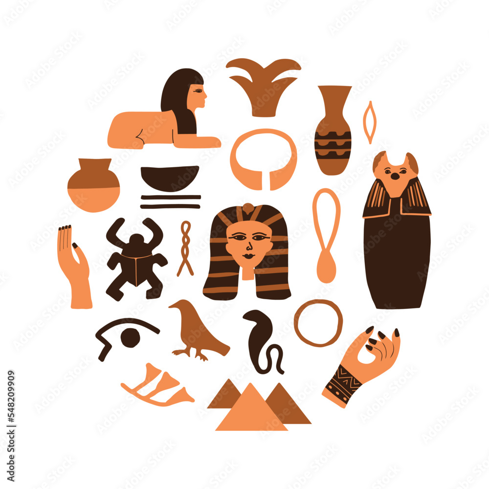 Ancient Egypt round card with ancient sculptures and hieroglyphs. Trendy abstract antique texture. Colored flat vector illustration. Ancient Egypt round card with ancient sculptures and hieroglyphs. Trendy abstract antique texture. Colored flat vector illustration.