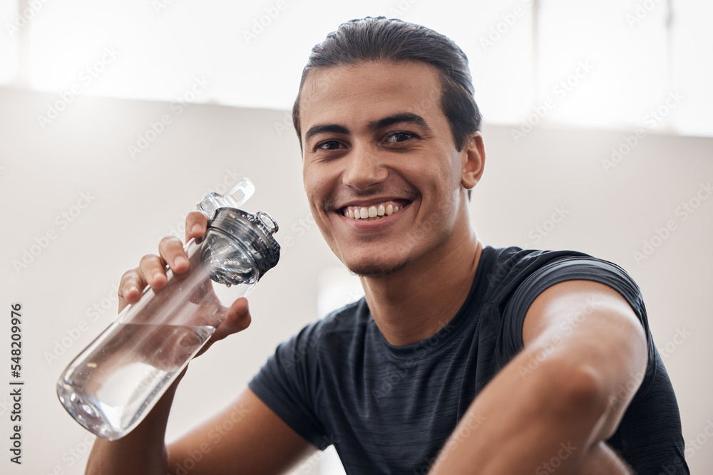 Fitness, happy portrait or man with water bottle in exercise, training or cardio workout in gym. Smile, freedom or athlete face for sport health energy, wellness motivation or drinking water to relax Fitness, happy portrait or man with water bottle in exercise, training or cardio workout in gym. Smile, freedom or athlete face for sport health energy, wellness motivation or drinking water to relax