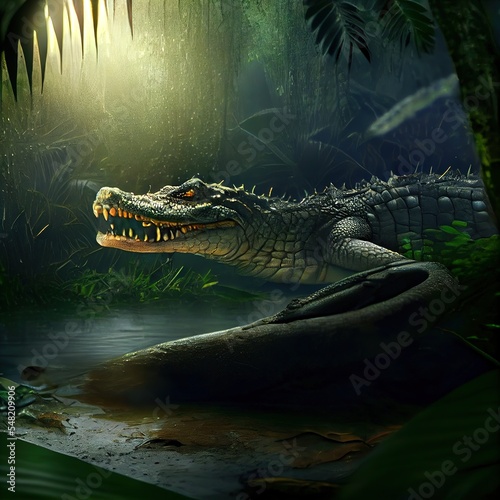 Gorgeous portrait of alligator in the water. Photorealistic illustration generated by Ai