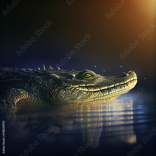 Alligator in the water stunning portrait, chiaroscuro. Photorealistic illustration generated by Ai