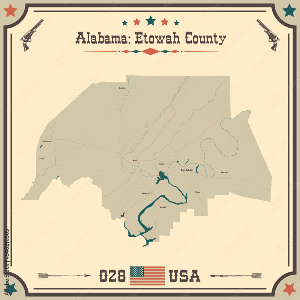 Large and accurate map of Etowah county, Alabama, USA with vintage colors.
