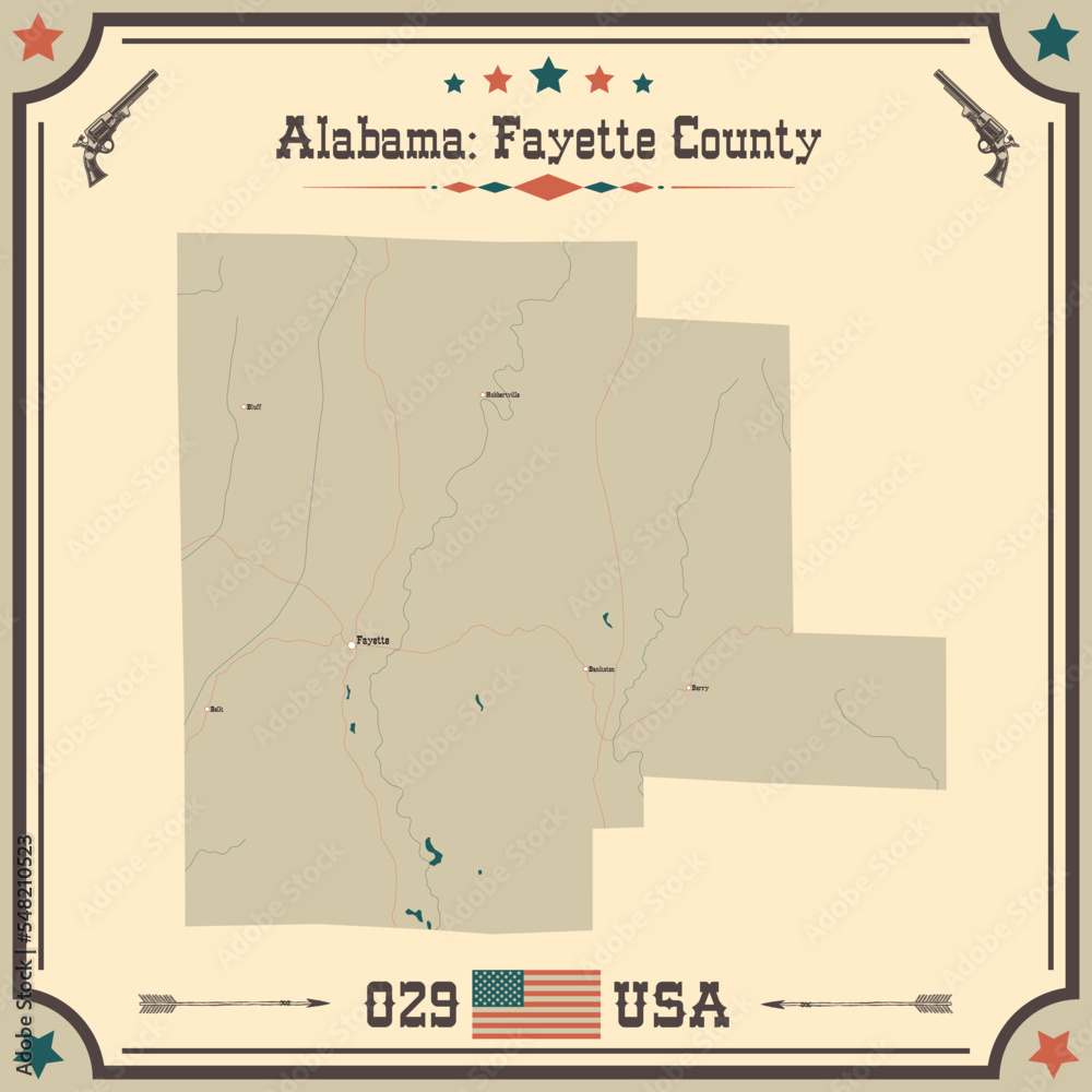 Large and accurate map of Fayette county, Alabama, USA with vintage colors.