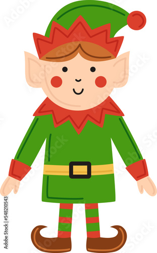 Vector illustration of cartoon cute Christmas elf isolated on white background.