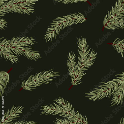 Set of conifer branches vector seamless pattern. Pine, spruce, cedar, larch, fir tree branches, winter nature texture for textile, print, card, christmas, greetings, wallpapers, background