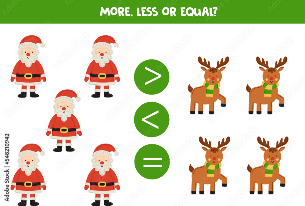 More, less or equal with cartoon Santa Claus and reindeer. More, less or equal with cartoon Santa Claus and reindeer.