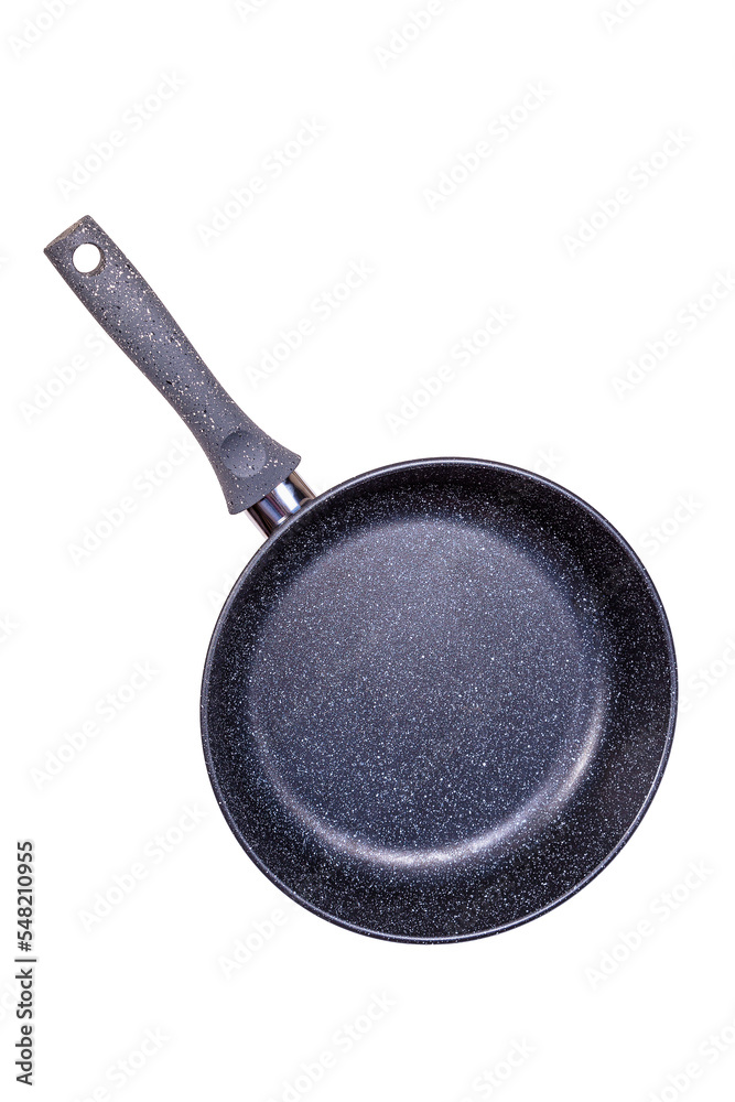Black frying pan with non-stick coating on a white background. Black frying pan with non-stick coating on a white background.