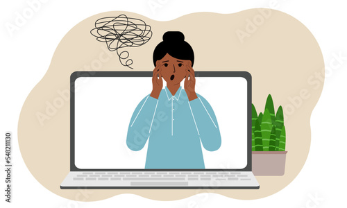 Online consultation with a psychologist. Laptop with a woman with confused thoughts. Psychotherapeutic practice, psychiatric consultation.
