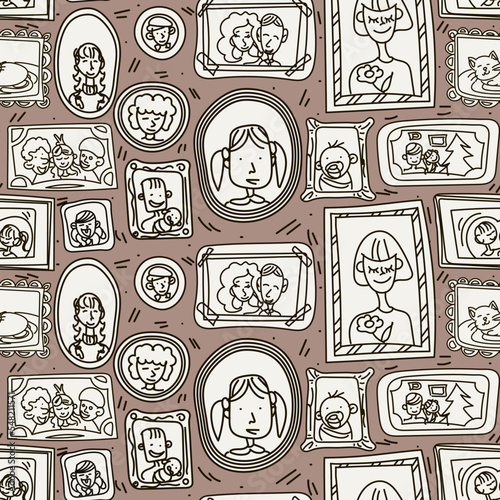 Background with paintings on the wall in doodle style. Frames of family photos hang on the wall. A seamless pattern in a vector. Suitable for printing on textiles and paper. The idea for the interior.