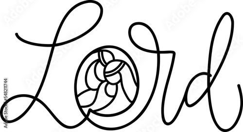 Lord monoline calligraphy text and Christmas Vector religious Nativity Scene of baby Jesus with Joseph and Mary. Minimalist art line drawing, print for logo or design
