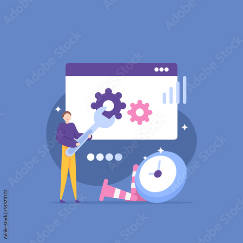 repair and update the system. website development and maintenance process. software or application upgrades. an engineer or worker uses a wrench to repair a system. illustration concept design
