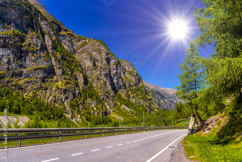 Asphalt road in Alps mountains, Randa, Visp, Wallis, Valais, Swi