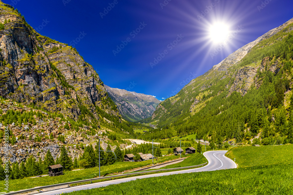 Asphalt road in Alps mountains, Randa, Visp, Wallis, Valais, Swi