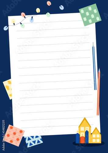 Christmas wish list. Printable letter template for kids. Letter to Santa Claus template. Vector illustration. layout in A4 size. 