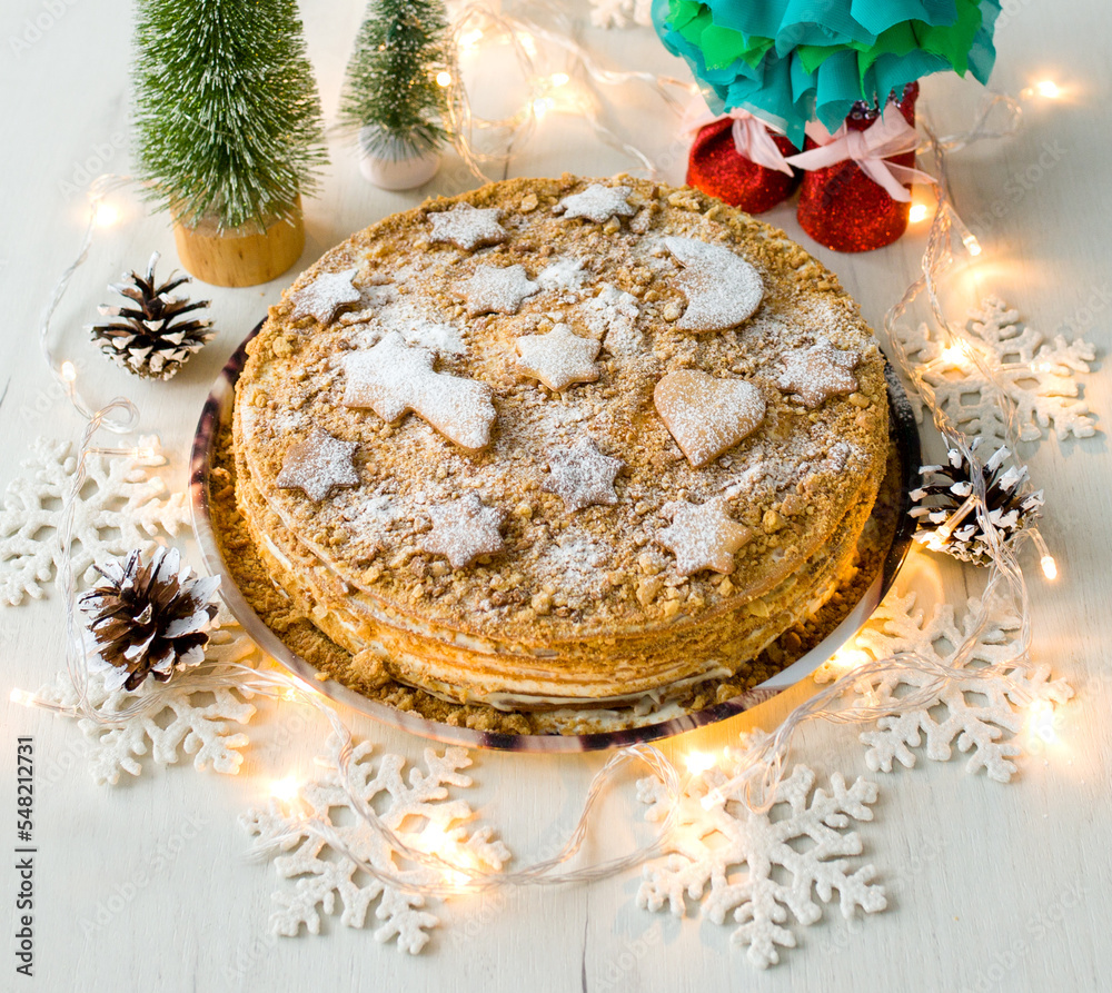 Beautiful Christmas cake with your own hands. Homemade Christmas cake. DIY. Christmas cake with christmas decorations. Beautiful Christmas cake with your own hands. Homemade Christmas cake. DIY. Christmas cake with christmas decorations.