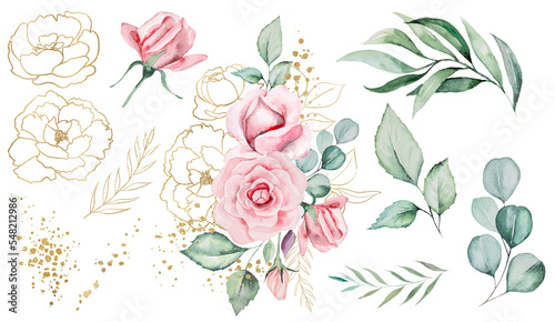 Bouquet made of pink watercolor flowers and green leaves, wedding and greeting illustration