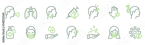 Coronavirus Pandemic Safety and Healthcare Line Icon Set. Prevent Flu Virus Infection Outline Symbol. Protection of Pathogen Bacteria Disease Pictogram. Editable Stroke. Isolated Vector Illustration