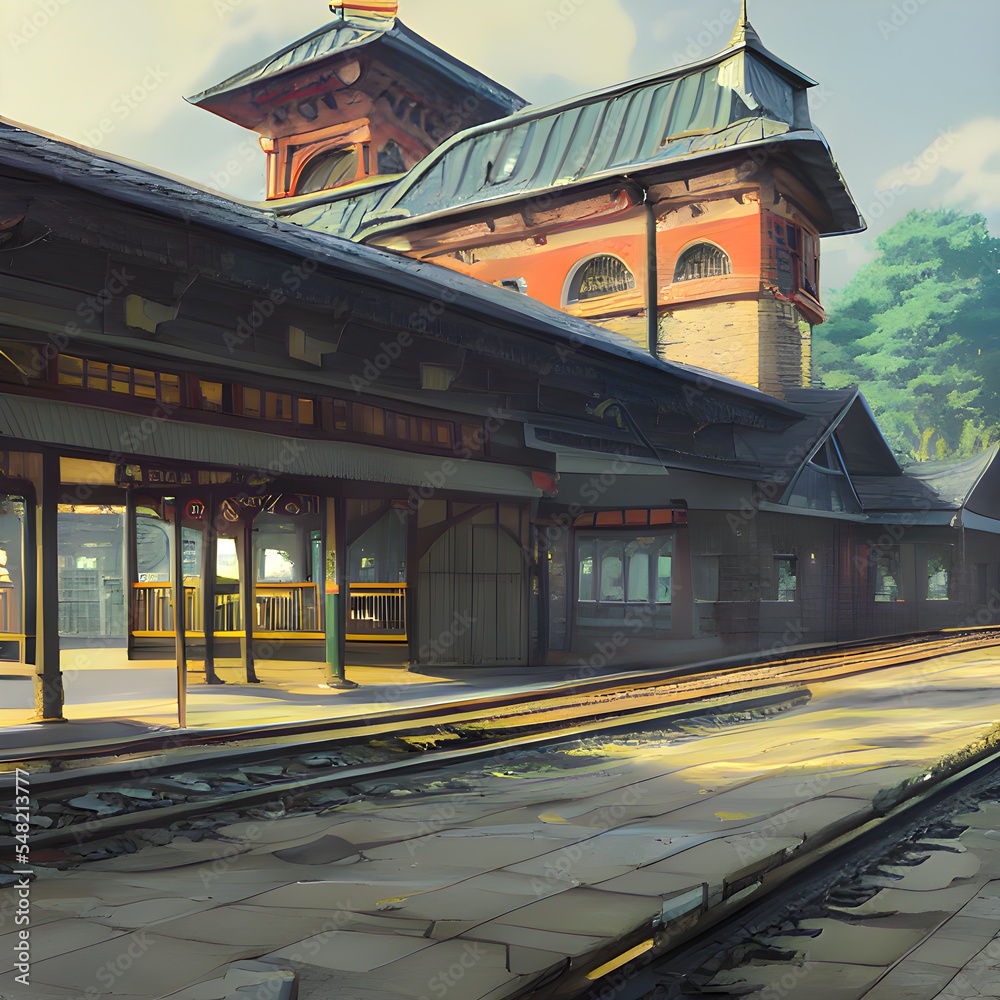 架空の鉄道駅や列車の風景。