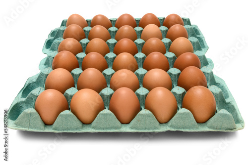 Cartela com ovos vermelhos. Cartela de papelão com trinta ovos vermelhos. Vista de frente. photo