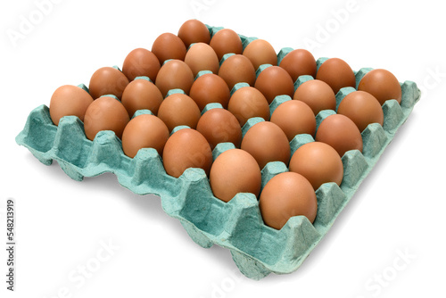 Cartela com ovos vermelhos. Cartela de papelão com trinta ovos vermelhos. Vista lateral. photo