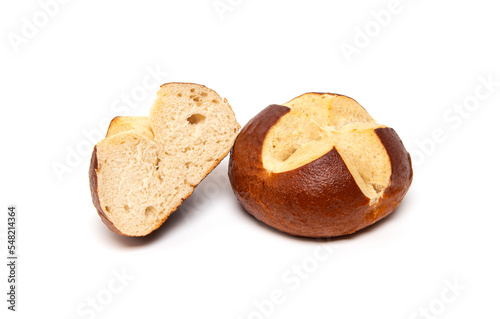 Traditional Bavarian pretzel roll bun isolated on white background