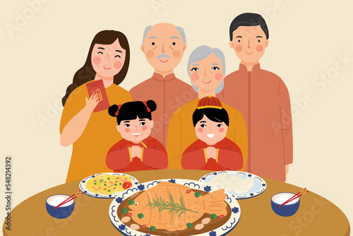 Asian family celebrate chinese new year , CNY greeting card