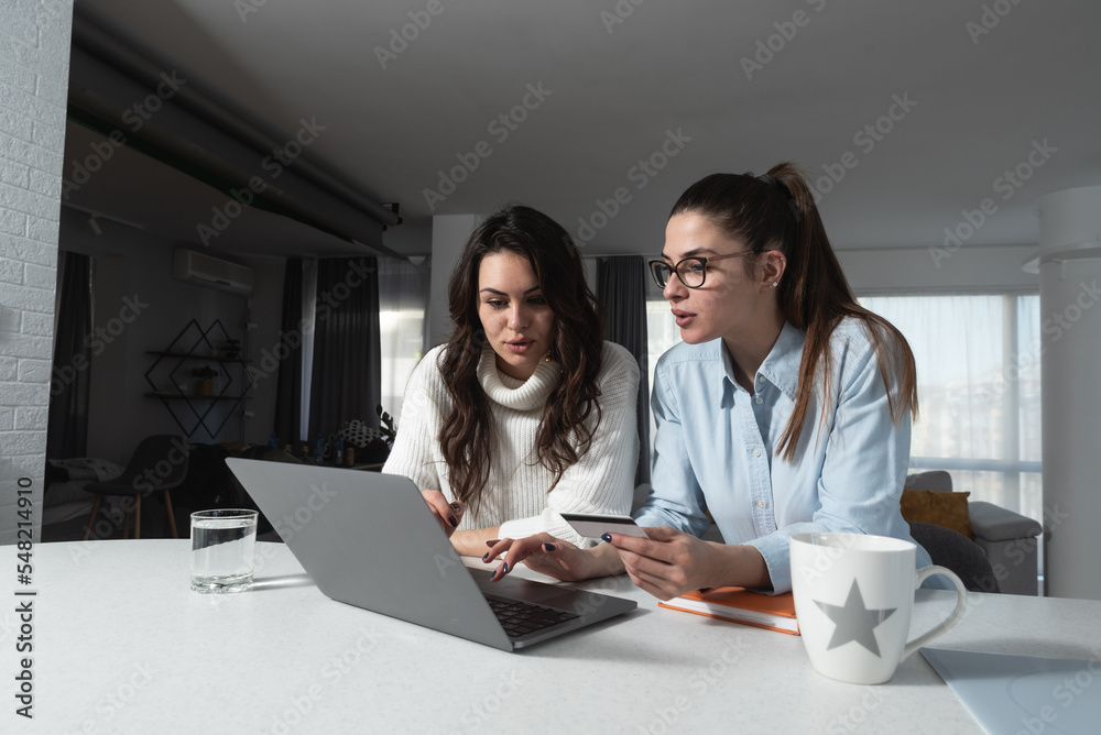 Two young successful women friends and business partners monitor the statistics of their business on a laptop computer and the jump in the value of their small company shares on the stock market. Two young successful women friends and business partners monitor the statistics of their business on a laptop computer and the jump in the value of their small company shares on the stock market.