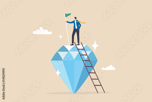 Value proposition, company value in marketing term of benefit for customer to buy product and service, quality or advantage concept, businessman holding winning flag on precious high value diamond.