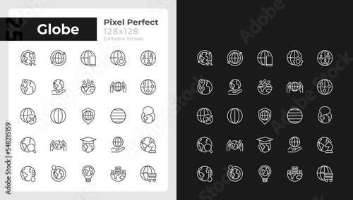 Globe pixel perfect linear icons set for dark, light mode. World map. Save Earth. Thin line symbols for night, day theme. Isolated illustrations. Editable stroke. Montserrat Bold, Light fonts used