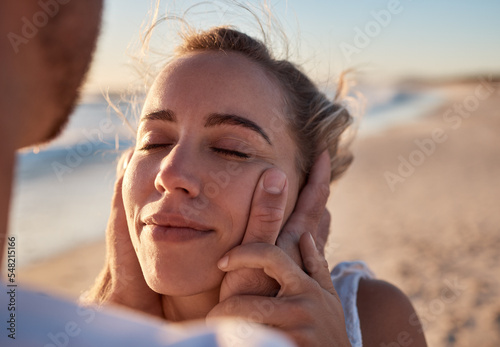Woman  face and hands for couple at beach for romance  relax or embracing happy relationship together. Happy female with smile relaxing in loving care or enjoying summer vacation love by the ocean