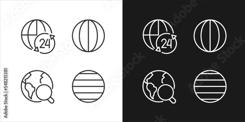 Geography pixel perfect linear icons set for dark, light mode. Planet time zones. Longitude and latitude. Thin line symbols for night, day theme. Isolated illustrations. Editable stroke