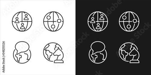 Geopolitics process pixel perfect linear icons set for dark, light mode. Global communication. International relations. Thin line symbols for night, day theme. Isolated illustrations. Editable stroke