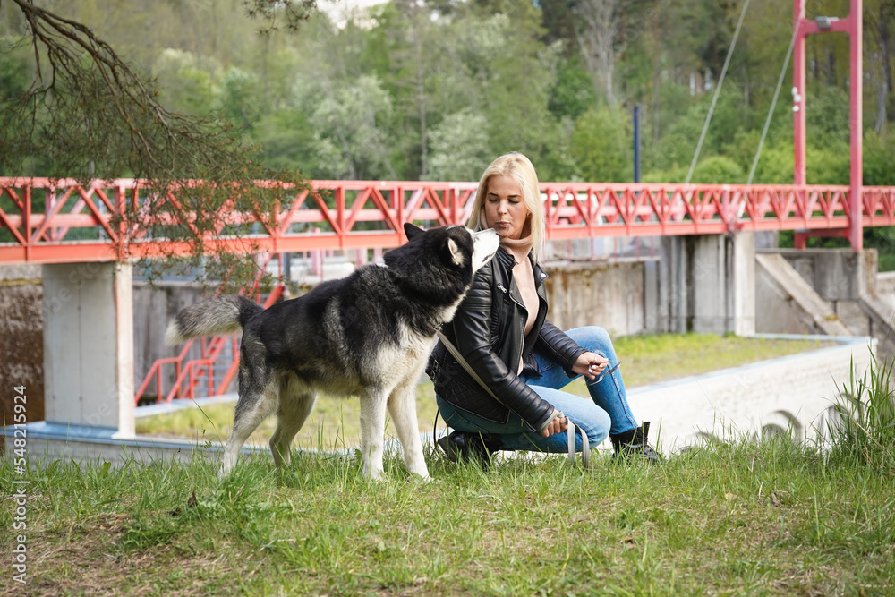 A girl kisses a husky dog in nature near a bridge on the river. A girl kisses a husky dog in nature near a bridge on the river.