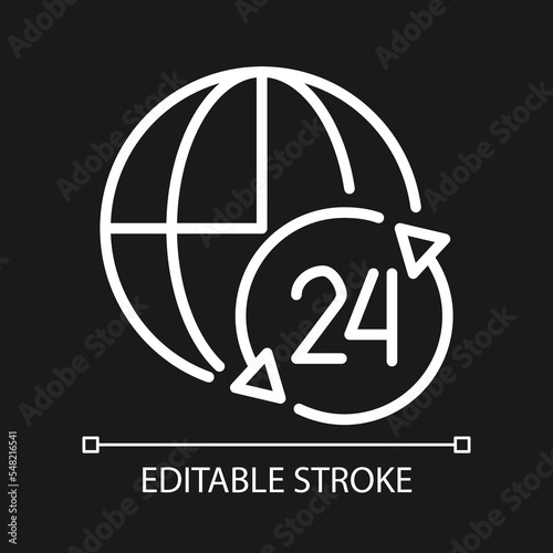 Nonstop worldwide support service pixel perfect white linear icon for dark theme. Round hour help. Thin line illustration. Isolated symbol for night mode. Editable stroke. Arial font used