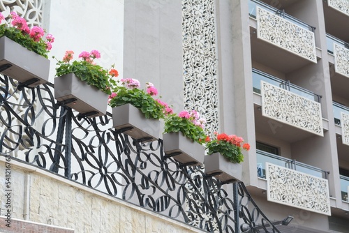 Murais de parede Exterior of building with balconies decorated with beautiful flowers, low angle