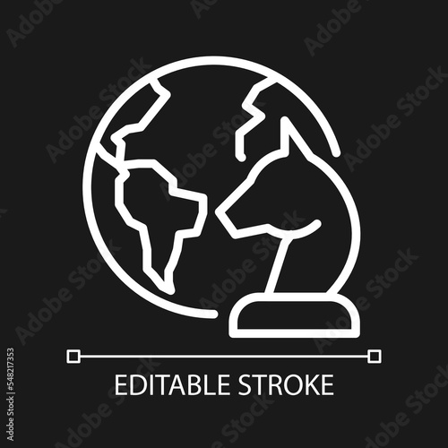 Geopolitics pixel perfect white linear icon for dark theme. International governance. Global diplomacy. Thin line illustration. Isolated symbol for night mode. Editable stroke. Arial font used