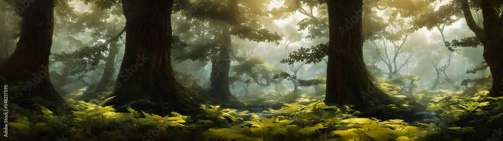 Fototapeta premium Artistic concept illustration of a panoramic forest landscape, background illustration.