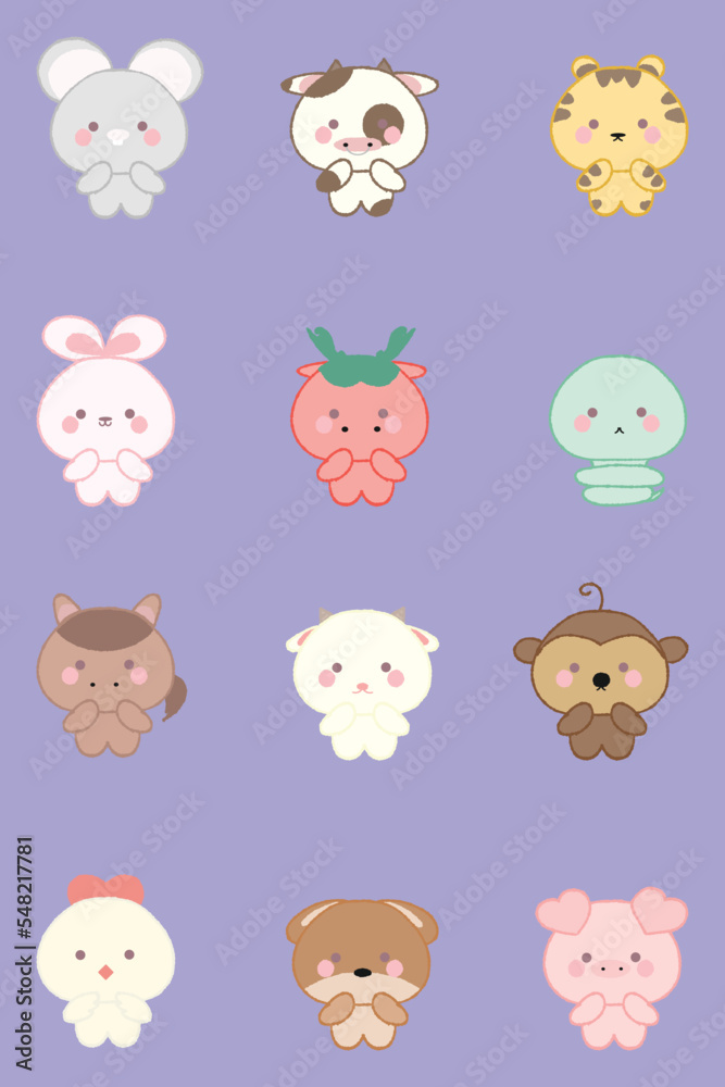 Set of 12 cute Chinese zodiac signs cartoon. Hand drawn flat vector illustration in crayon colored texture isolated on blue background.