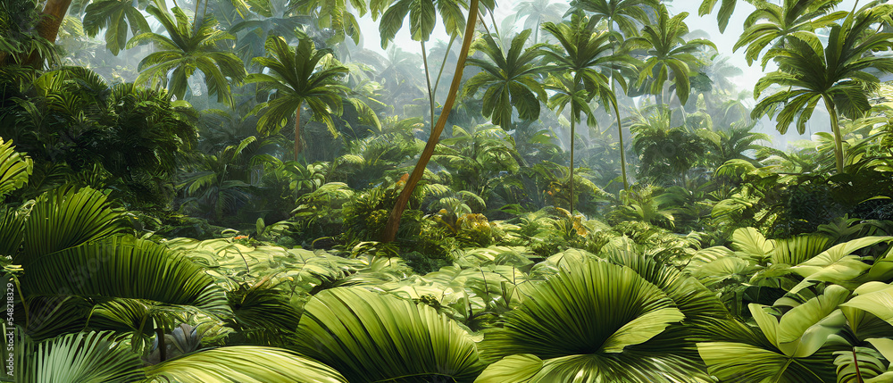 Fototapeta premium Artistic concept illustration of a panoramic tropical jungle, background illustration.