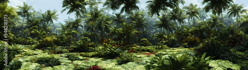 Artistic concept illustration of a panoramic tropical jungle  background illustration.