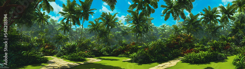 Artistic concept illustration of a panoramic tropical jungle  background illustration.