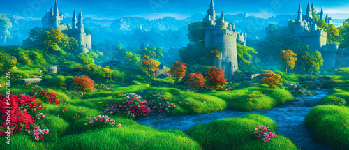 Artistic concept painting of a beautiful wilderness landscape  with a picturesque castle in the background. Tender and dreamy design  background illustration.