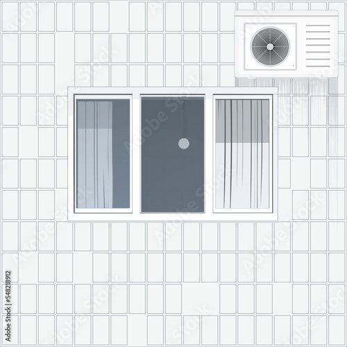 Artwork. Part of the facade of a panel house. Tiles falling off the facade. Air conditioner. Eastern European architecture. Soviet-era khrushchyovka apartment block built in the 1960s and 70s. 