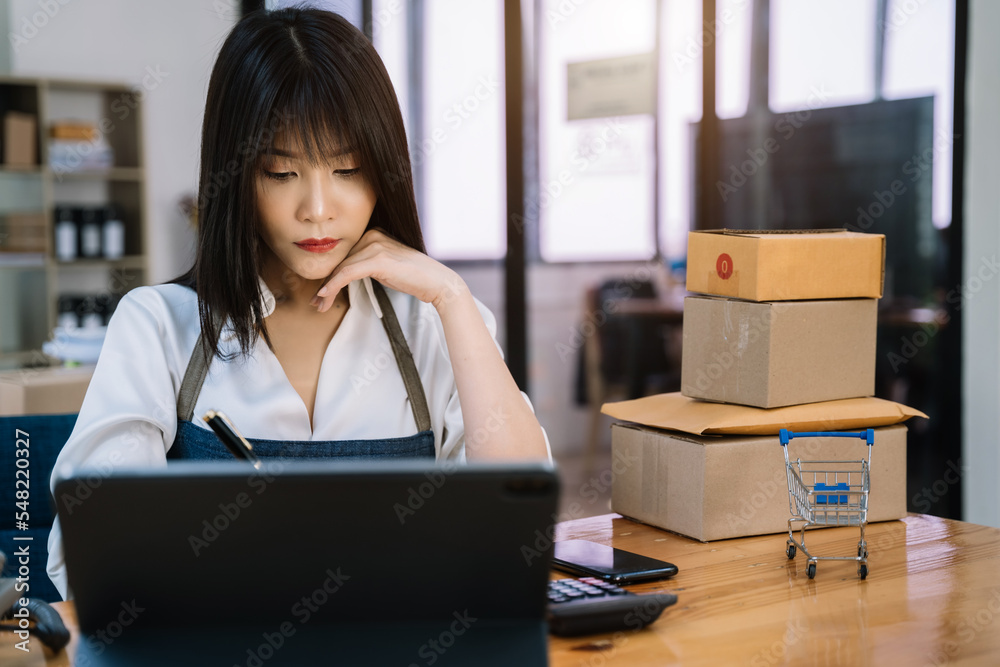 Young asian Woman Thinking and Working on sell online in cozy house, Modern Lifestyle of New Generation People. Young asian Woman Thinking and Working on sell online in cozy house, Modern Lifestyle of New Generation People.